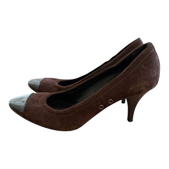 PRADA Brown Suede Black Patent Leather Cap Toe Pumps Heels Size EU 37 - Picture 5 of 10